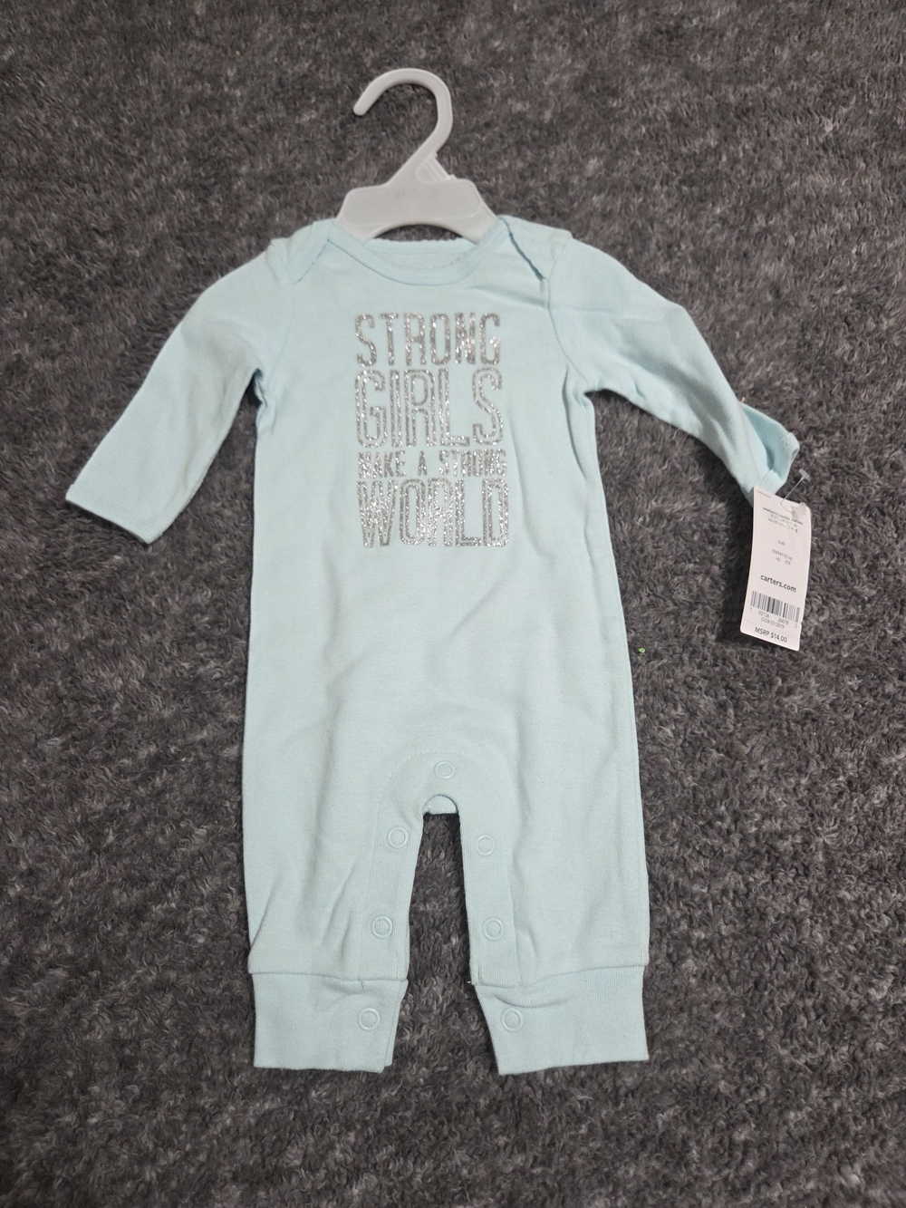 Carter's Light Blue Long-Sleeve One-Piece with 'Strong Girls' Glitter Detail